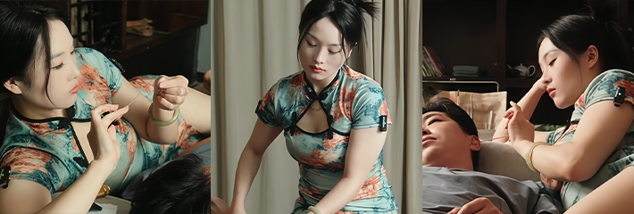 高端柔式按摩 千鹤躺采 绿色旗袍装美女技师 服务顾客掏耳挑逗